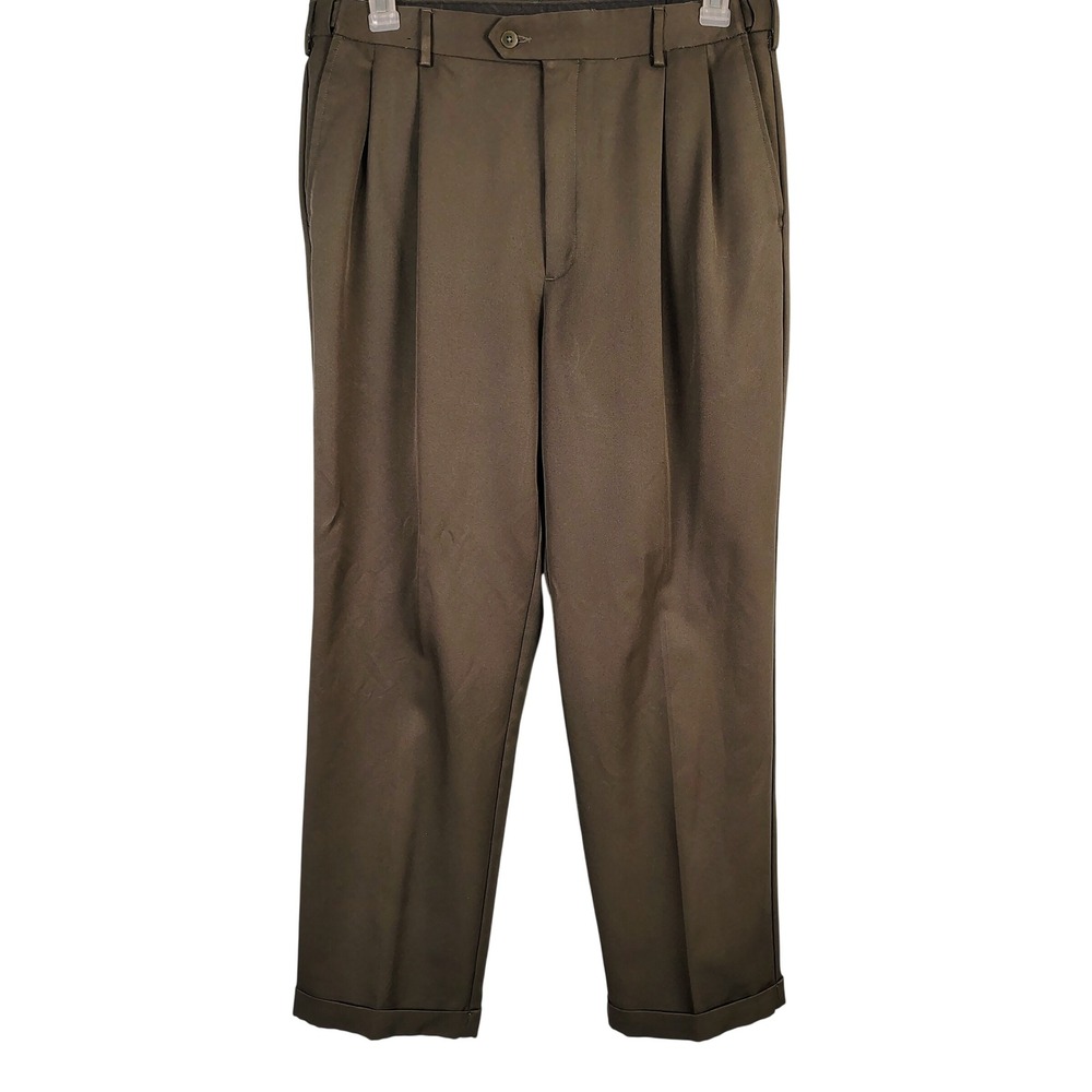 Savane Men 36 Comfort Plus Pleated Dress Pants Artichoke Green Dark Academia